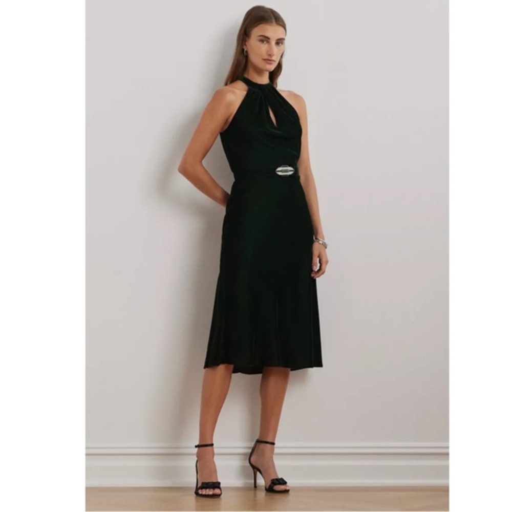 Ralph Lauren Belted Velvet Halter Midi Dress Emerald Green Sz 2 NWT